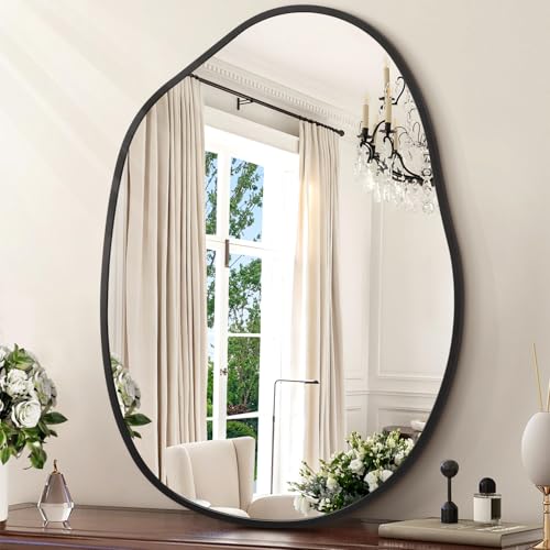 Large Irregular Wall Mirror Black Asymmetrical Bathroom Mirror Modern Decorative 26"x37.5" Aluminum Alloy Frame for Bathroom, Living Room, Entryway, Bedroom - color: Black, size: 37.5"L x 26"W