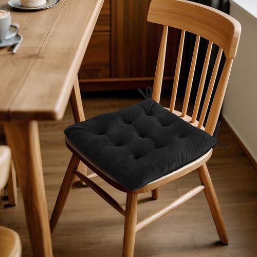 ELFJOY 4 Pack Chair Cushions for Dining Chairs Chair Pads Cushion for Kitchen Office Tufted Square Seat Cushion with Ties (16" Black Velvet) - color: Black Velvet