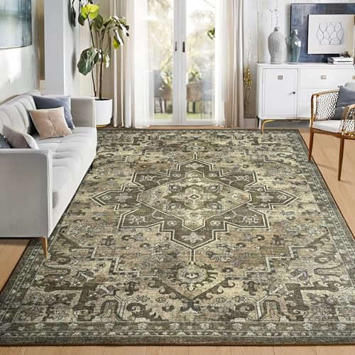 Foxmas 4x6 Area Rugs for Living Room Bedroom, Machine Washable Non-Slip Vintage Rug, Low Pile Throw Rugs with Rubber Backing Washable Carpet for Dining Room Kitchen Home Decor, Brown - color: Brown, size: 4' X 6' (Rectangular)