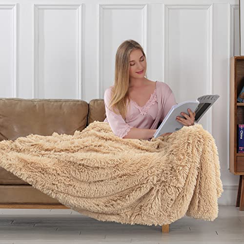 Tuddrom Decorative Extra Soft Faux Fur Throw Blanket 50"x60",Solid Reversible Fuzzy Lightweight Long Hair Shaggy Blanket,Fluffy Cozy Plush Fleece Comfy Microfiber Blanket for Couch Sofa Bed,Apricot - color: Apricot, size: Throw-50" x 60"