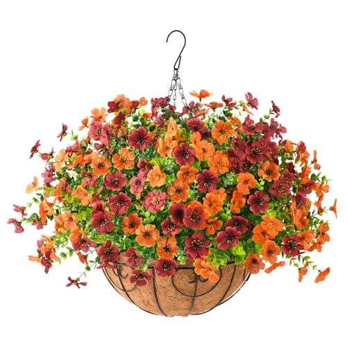 ZFProcess Artificial Fake Hanging Plants Flowers Basket, Faux Silk Daisy in Planter Realistic UV Resistant for Outside Home Patio Balcony Yard Mums Autumn Outdoor Decoration (Orange Brown) - color: Orange Brown