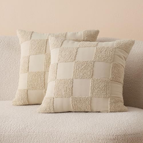 Double Stitch 100% Cotton Throw Pillow Covers - Set of 2 Checkered Tufted Boho Decorative Pillow Covers 20x20, Made in India, Square Cushion Case, Modern Home Decor for Couch, Sofa, Living Room, Oat - color: Oat, size: 20" x 20" (Pack of 2)