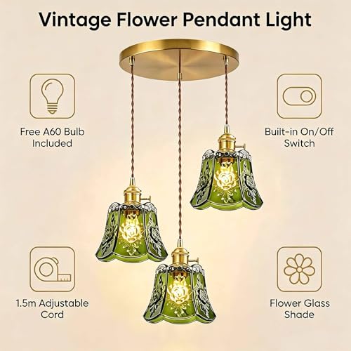 Green Wind Chime Glass Pendant Light, 3 Natural Light Bulbs Included, Adjustable Cord with Switch, Hanging Lamp for Kitchen Island/Dining Room - color: Green 3pcs Flower Pendant Light