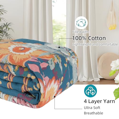 Boho Throw Blanket for Couch Bed, 100% Cotton Soft Rustic Quilt 80''x 90'', Super Soft Bohemian Decor Reversible Sofa Bed Chair Blanket Cover for All Seasons(Floral) - color: Floral 6, size: 80*90 inch
