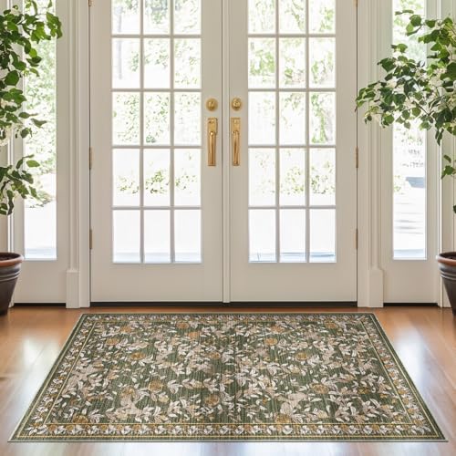 jinchan Eden Floral Washable Area Rug 3x5 Entryway Rug Vintage Lightweight Soft Non-Slip Indoor Low Pile Distressed Green Carpet for Living Room Kitchen Bedroom Entrance Laundry Nursery - color: Eden Green, size: 3' x 5' (Rectangular)