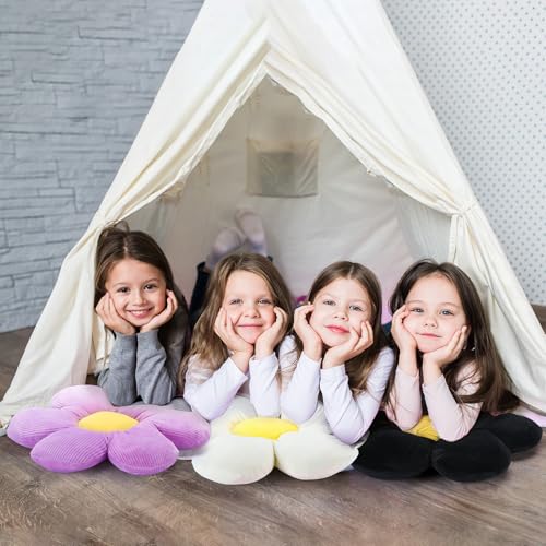 Reginary 4 Pcs Flower Floor Pillows Cute Plush Flower Throw Pillows Daisy Floor Seat Cushion Chair Pads for Back to School First Day of School for Sofa Couch Bed Decor(15 Inch,Black, White, Purple) - color: Black, White, Purple