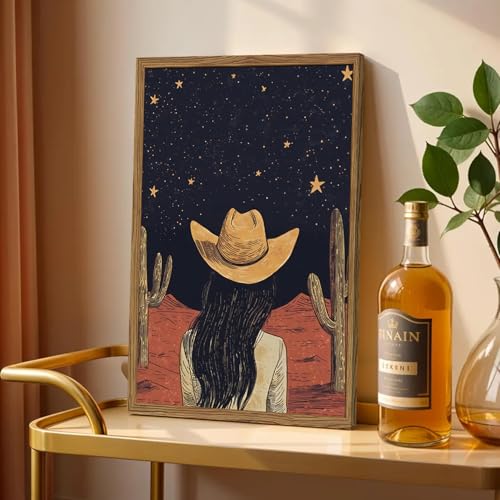 Framed Boho Western Cowboy and Cowgirl Wall Art Set of 2, Vintage Southwestern Desert Starry Sky Cactus Pictures Wall Decor, Rustic Farmhouse Paintings Canvas Prints for Living Room Bedroom 12x16 inch - color: Cowboy, size: 16L" x 12W"