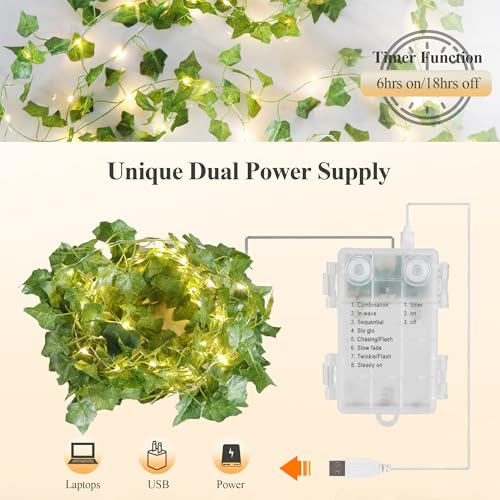 YOUNGAR Ivy Vines with Fairy Lights,Leaf String Warm White Lights Battery/USB Operated,23FT 73LED Fake for Bedroom Wall Room Wedding Birthday Garden Party Wall Room Decor - color: Ivy (Warm White), size: 73 LED-USB/Battery-Copper Wire-1Pack