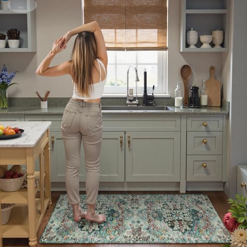 Lahome Reine Bohemian Floral 2x6 Washable Hallway Runner Rug, Non Slip Kitchen Laundry Hallway Rug Runner, Pet Friendly Bathroom Indoor Carpet Runners for RV Camper Entrance Bedroom - color: Teal, size: 2' x 6' (Runner)