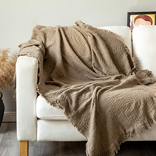 GLORY SEASON 100% Cotton Throw Blanket in Light Brown Jacqard Weave Fabric with Fringe Soft All Season Cover for Bed Couch and Living Room Sofa,Chair 50x60 Inches - color: Light Brown