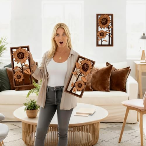 BINCUE 3D Boho Flower Wall Art,Sunflower Wall Decor,Retro Sunflower Artwork,Rustic Framhouse Florals Prints,Flower Plants Wildflower Hanging Decor for Living Room Bedroom Home 8x16 Inches Set of 3 - color: Vintage Sunflower
