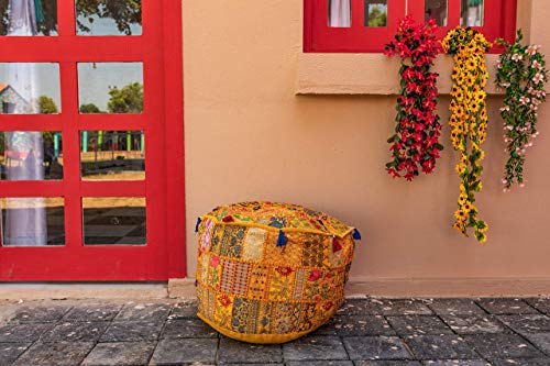 THE ART BOX Cotton Patchwork Vintage Pouf Covers (14x22 Inches, Cover Only) Boho Embroidered Bean Bag Seating Ottoman Kids Stool Decorative Chair Bohomian Home Décor - color: Yellow, size: 22"D x 22"W x 14"H