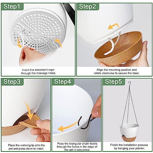 3 Pack Hanging Planter Indoor Outdoor Flower Pots 7/6.5/5 Inch, Self-Watering Hanging Pot with Drainage Holes Hanging Baskets Holder Plant Pots for Garden (White) - color: White, size: 7/6.5/5 Inch
