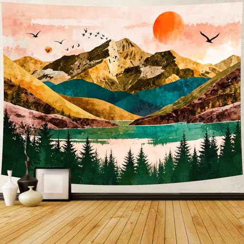 Delur Mountain Tapestry Boho Sunset Nature Forest Tree Tapestry Wall Hanging Sunrise River Lake Landscape Psychedelic Headboard for Bedroom Living Room Home Decor (59.1" x 78.7") - color: Sunset Mountain, size: 59.1"L x 78.7"W