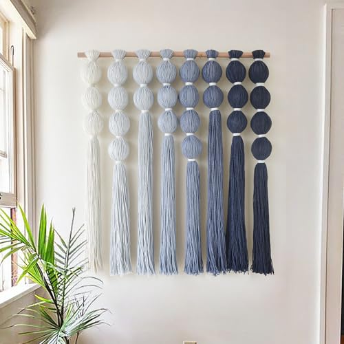 IOWER Macrame Wall Hanging Blue Yarn Wall Art Tassel Wall Decor with Knotted Ball Design Bohemian Wall Decor for Living Room Bedroom Home Backdrop 27" W x 31" L - color: Blue
