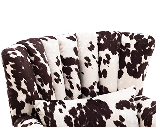 Kmax Cow Print Accent Chair Velvet Wingback Chair with Pillow Nail-Head Channel Tufted Oversized Club Chair for Living Room Bedroom Guest Room - color: Cow