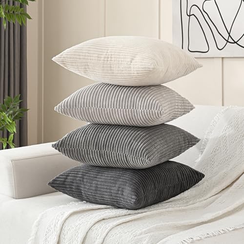 Volcanics Set of 4 Neutral Grey Corduroy Decorative Couch Throw Pillow Covers 18x18 Inch, Western Modern Farmhouse Striped Cushion Cases, Soft Boho Square Accent Pillow Covers for Home Sofa - color: Neutral Grey, size: 18" x 18" (Pack of 4)