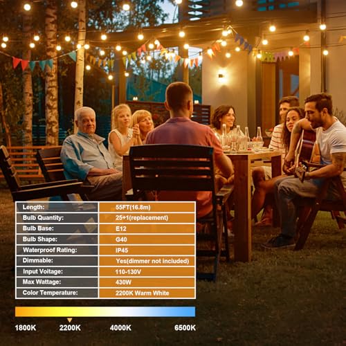 OHLUX Outdoor String Lights, 55FT Shatterproof LED Patio Lights with 26 Dimmable Plastic G40 Bulbs, 2200K Waterproof Connectable Hanging String for Backyard Cafe Porch Deck E12 Base - size: 55FT