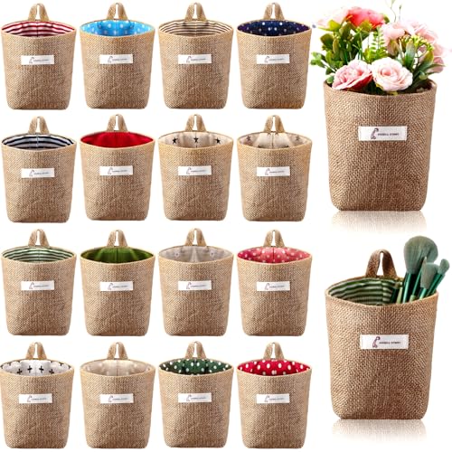 Boao 18 Pcs Wall Hanging Storage Foldable Basket Bags for Organizer Decorative Small Cotton Linen Box 5 x 4.7 Collapsible Bin Bag with Handle, Family Door Closet Desktop Gadget Decor