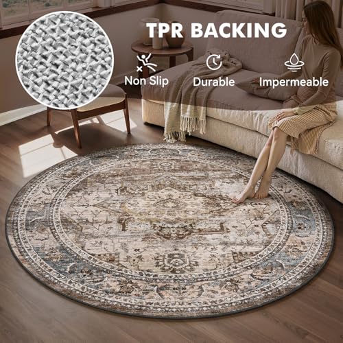 Engiw 6 ft Round Rugs for Living Room Bedroom Rug Circle Area Rug for Dining Room Table Throw Neutral Vintage Circular Rugs Washable Soft Comfortable Brown - color: Brown Multi, size: 6' (Round)
