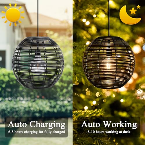 Ranttan Outdoor Chandelier, 12" Outdoor Pendant Lights Rattan Solar Hanging Lights Large Rattan Ceiling Light with Remote 4 Modes Lighting Waterproof Lighted for Garden Porch Patio Kitchen, Black - color: Black