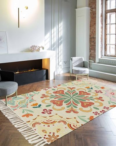 Beige Boho Area Rugs 4' x 6', Retro Ethnic Shabby Colorful Floral Patterned Woven Cotton Tassels Bedroom Rugs, Accent Rug Floor Carpet for Living Room NurseryRoom Dining Room Bedside Office Patio - color: Multicolor Linen, size: 4' x 6' (Rectangular)
