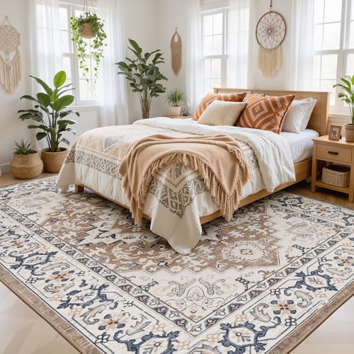 5x7 Washable Rugs, Area Rugs for Living Room, Bedroom, Kitchen, Vintage Boho Carpets, Soft Non-Slip Low Pile Large Area Rug for Dining Room Home Office Indoor Nursery, Brown Cream - color: Brown Cream, size: 5' x 7' (Rectangular)