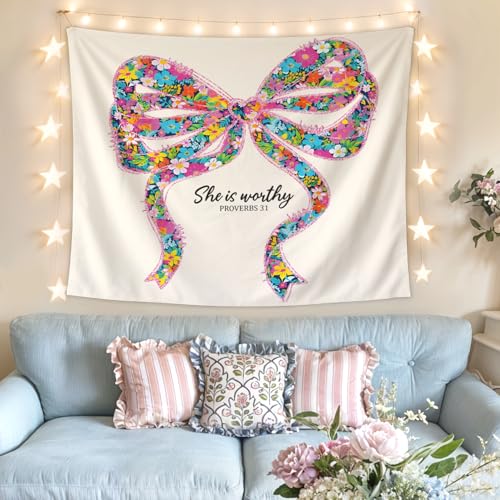 Lacama Coquette Bow Christian Tapestry, Cute She is Worthy Flower Tapestry Decorative for Teen Girls Room Bedroom College Dorm Apartment, College Dorm Decor, 50x60 Inches - color: She is worthy