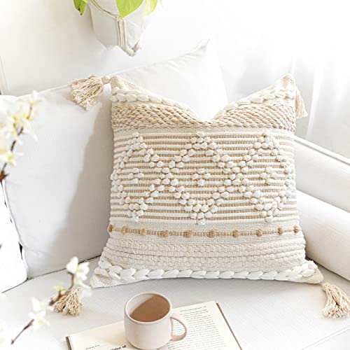 BlissBlush Cream White Boho Throw Pillow Cover 20X20, Boho Woven Textured Pillow Cover, Neutral Pillow Cover, Sofa Couch Bed Farmhouse Lumbar Pillow (Cover ONLY) - color: Cream, size: 20" x 20" (Pack of 1)