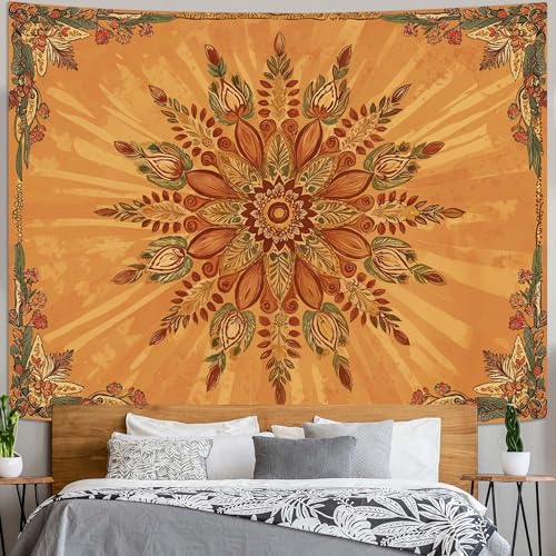 Accnicc Boho Floral Mandala Tapestry for Bedroom Bohemian Flower Wall Tapestry Aesthetic Large Vintage Orange Hippie Indian Tapestries Wall Hanging for Living Room Dorm Decor 80 x 60 Inch - color: Orange Red, size: 80"L x 60"W