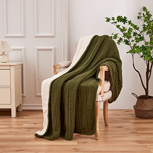 Longhui bedding Olive Green Acrylic Cable Knit Sherpa Throw Blanket - Thick, Soft, Big, Cozy Olive Green Knitted Fleece Blankets for Couch, Sofa, Bed - 50 x 63 Inches - color: Olive Green, size: 50" x 63", Standard
