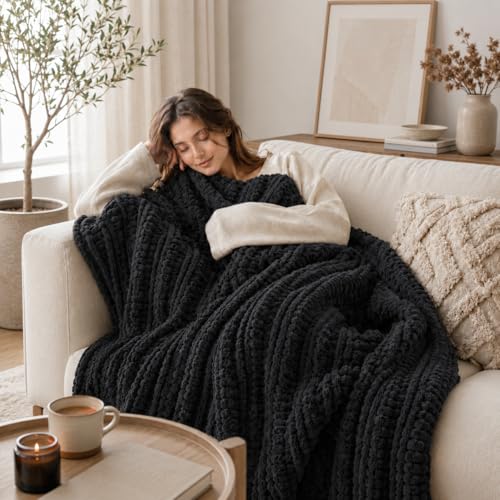 Battilo Chunky Knit Throw Blanket for Couch, Hand Made Chenille Throw Blanket, Super Soft Warm Cozy Charcoal Blanket for Bed, Sofa, Living Room, 50"x60" - color: Charcoal