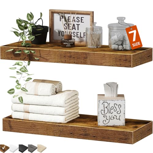 QEEIG Bathroom Floating Shelves for Wall - 15.7" Wall Mounted Shelf Over Toilet Farmhouse Home Decor Display Bookshelf Small 15.7 x 6.7 inch Set of 2, Rustic Brown (008-40BN) - color: A. Brown, size: 15.7"