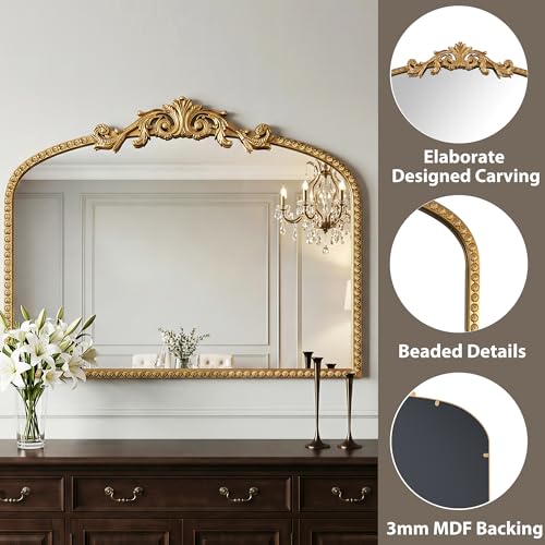 Arched Gold Carved Wall Mirror - 28''x36'' Vintage Gold Large Baroque Wall-Mounted Mirror - Iron Frame with Beaded Trim - Antique French Ornate Mirror for Entryway/Hallway/Fireplace/Bathroom - color: Carving - Vintage Gold (28"l X 36"w)
