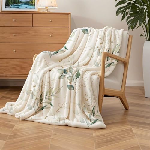 Eucalyptus Leaf Blanket, Botanical Plants Throw Blanket, Soft, Flannel, Warm, Watercolor Floral Throw Blankets Green Botanical Floral Aesthetic Bed Blankets for Couch Bedroom Living Room 50X60 Inch - color: Green, size: 50 X 60