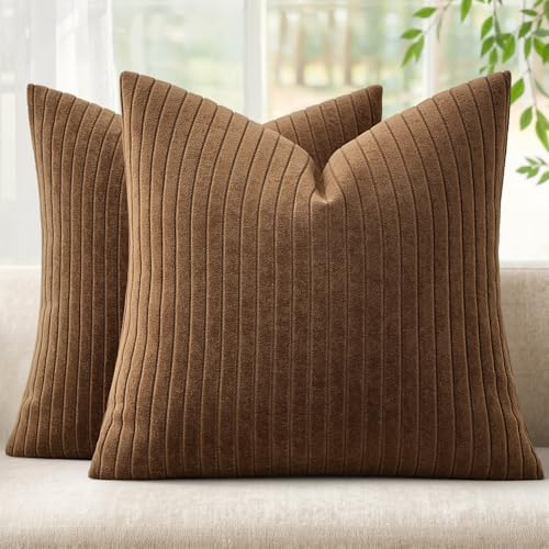 MIULEE Set of 2 Brown Decorative Throw Pillow Covers 18x18 Inch, Thick Soft Textured Striped Cushion Covers, Modern Solid Color Farmhouse Boho Pillow Case for Sofa Couch Bed Living Room - color: Brown, size: 18" x 18" (Pack of 2)