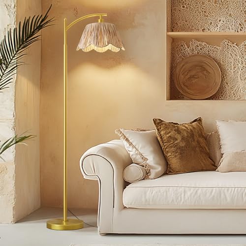 Oneach Arc Floor Lamp for Living Room,Rattan Boho Floor Lamp with Hand-Woven Shade, Foot Switch,Gold Metal Base & Pole,Farmhouse Standing Lamp for Bedroom Corner,Reading - color: Brushed Gold