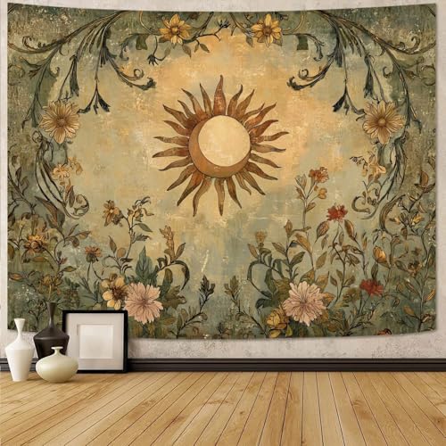 Lifeel Vintage Sun and Moon Tapestry, Boho Retro Green Plant Aesthetics Tapestries for Living Room Dorm, 44x60 inches - color: cream, size: 60"L x 44"W