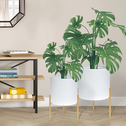 ARNIS Modern Plant Pots, Set of 2 Round Large Planters with Stand, Large Size Metal Pots with Drainage Holes for Living Room, Office, Garden or Balcony, 10.5 &12.25 Inch, White & Gold - color: White, size: 10.5 &12.25