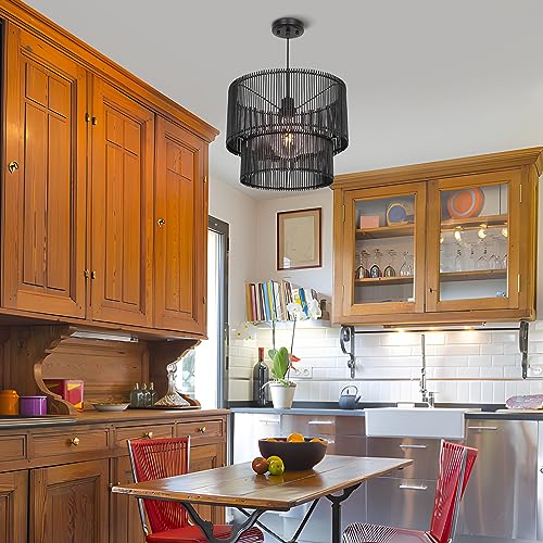 Woven Rattan Pendant Lamp, 16 Inch Large Natural Simple Hand Weaved Coastal Beach Black Rope Hanging Pendant Light Fixture for Dining Room Living Room Bedroom Kitchen Foyer - size: 6528L