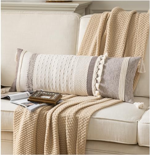 Caflife Boho Lumbar Throw Pillow Cover 14X36 Long Decorative Pillows for Bed, Coffee Beige Woven body Pillow Cover for Farmhouse Chair Sofa Bedroom Living Room Home Decor Couch Cushion Case, Pack of 1 - color: Coffee Beige, size: 36" x 14" (Pack of 1)