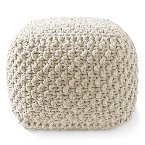 Casafield Square Pouf Ottoman, Natural - 18.5" W x 18.5" D x 14.5" H Cotton Knit Foot Stool - Boho Floor Pouffe for Living Room, Bedroom, Home Office - color: Natural, size: 18.5"D x 18.5"W x 14.5"H