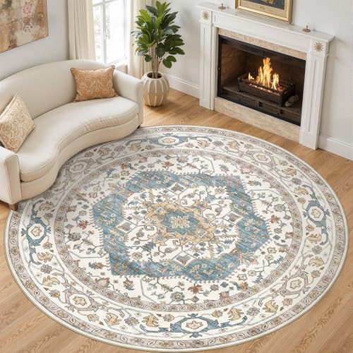 Area Rug for Living Room - 8x8 Soft Washable Oriental Vintage Floral Distressed Large Carpet - Fade Stain Resistant Non Slip Rugs for Bedroom Dining Room Nursery Dorm Office Home Decor - Blue/Beige - color: Blue/Beige, size: 8' x 8' (Round)