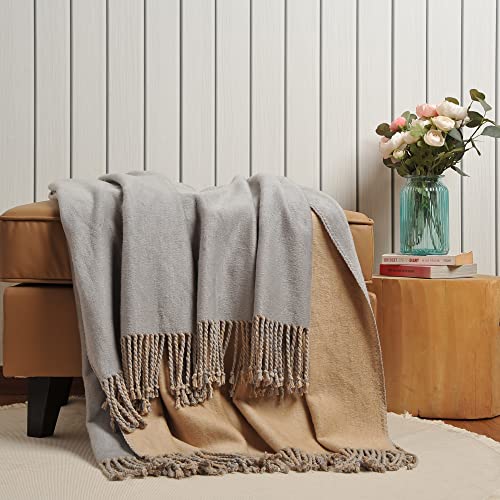 EP Mode Reversible Fringed Mulberry Silk Throw Blanket for Sofa (Light Grey/Beige) - color: Light Grey/ Beige