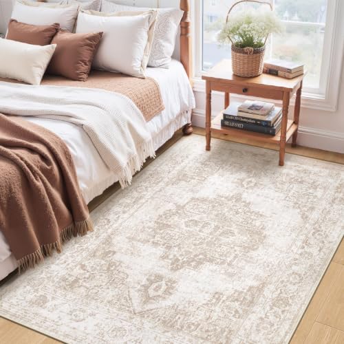 Area Rug 3x5 Vintage Rug: Washable Indoor Medallion Rug Low Pile Distressed Floor Carpet Retro Accent Doormat for Bedroom Bathroom Hallway Kitchen Home Office(Beige, 3'x5') - color: Beige, size: 3' x 5' (Rectangular)