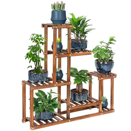 Wood Plant Stand Indoor Outdoor Multi Tiered Corner Plant Shelf Holder High Low Flower Rack Stand for Indoor Multiple Plants 9 Potted Organize Shelves in Living Room Garden Balcony Patio Yard
