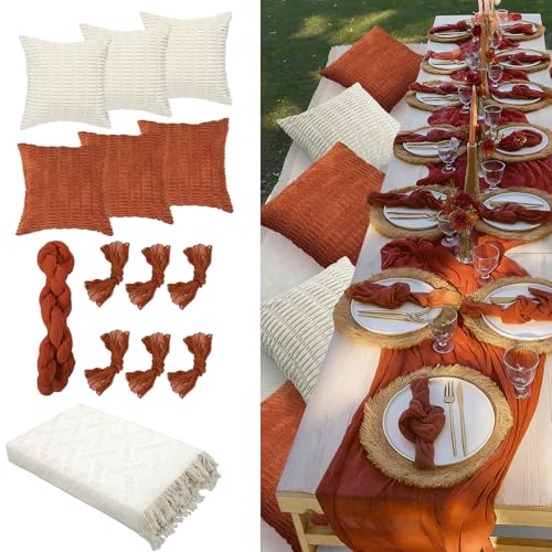 Beeveer 91 x 71 Extra Large Outdoor Boho Picnic Blanket with Terracotta Table Runner, 6 Throw Pillow Covers 6 Napkins Woven Cotton Yarn Oversize Beach Blanket Washable Picnic Camp Wedding - color: Terracotta