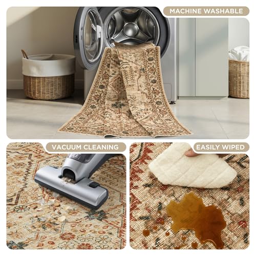Joydeco 4x6 Area Rugs for Living Room, Non Slip Machine Washable Vintage Rug, Low Pile Chenille Print Rugs for Bedroom, Dining Room, Home Office, Pet & Child Friendly, Tan - color: Tan, size: 4' x 6' (Rectangular)