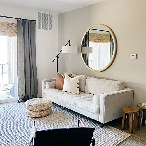 Round Wood Mirror,32 inch Circle Wooden Natural Large Farmhouse Vanity Boho Decor Wall Mirror for Bathroom Bedroom Living Room Hallway - size: 32"L x 32"W