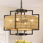 20" Boho Woven Chandeliers 4-Light Hand Rattan Ceiling Pendant Light Fixture Farmhouse Hanging Lighting for Kitchen,Bedroom, Dining Room, Hallway, Entryway, E26 - size: Lantern-20''-V